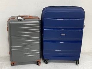 KONO 24 INCH HARD SHELL SUITCASE IN GREY/BROWN TO INCLUDE AMERICAN TOURISTER LARGE HARD SHELL SUITCASE IN NAVY: LOCATION - BR13