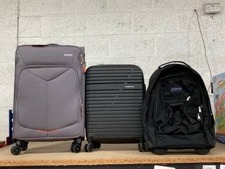 3 X ASSORTED SUITCASES TO INCLUDE AMERICAN TOURISTER CABIN SIZED HARD SHELL SUITCASE IN BLACK: LOCATION - BR13