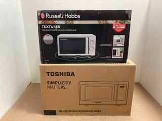 RUSSELL HOBBS TEXTURES COMPACT MANUAL MICROWAVE IN WHITE TO INCLUDE TOSHIBA MICROWAVE OVEN IN BLACK: LOCATION - BR16