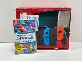 NINTENDO SWITCH 32 GB GAMES CONSOLE (ORIGINAL RRP - £293) IN NEON BLUE & NEON RED: MODEL NO HAC-001(-01, WITH BOX & ALL ACCESSORIES, TO INCLUDE NINTENDO SWITCH SPORTS GAME WITH LEG STRAP) [JPTM127374