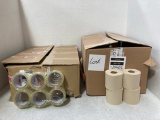 2 X BOXES OF ASSORTED ITEMS TO INCLUDE BOX OF LARGE SELLOTAPE ROLLS: LOCATION - A16