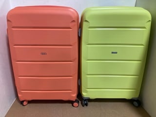 2 X ROCK TULUM LARGE LUGGAGE SUITCASES IN PEACH AND LIME - RRP - £218: LOCATION - A18