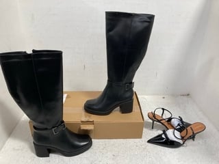 WOMENS LEATHER HIGH BOOTS IN BLACK SIZE: 6 TO INCLUDE RIVER ISLAND SHINE POINTED BUCKLE STRAP HEELS IN BLACK SIZE: 7: LOCATION - B17