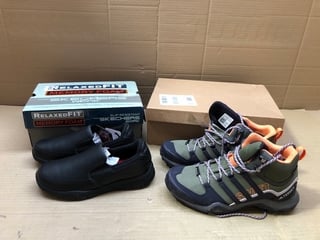 ADIDAS TERREX SWIFT R2 MID GTX TRAINERS IN KHAKI SIZE: 7 TO INCLUDE SKECHERS MEMORY FOAM WORK LACE UP SHOES IN BLACK SIZE: 4: LOCATION - B12