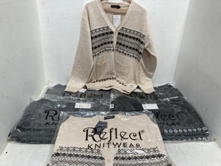 5 X REFLECT KNITWEAR PATTERNED BUTTON UP CARDIGANS IN VARIOUS COLOURS AND SIZES: LOCATION - B8