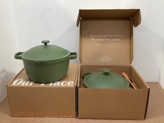 2 X OUR PLACE PERFECT POTS WITH LID AND BEECHWOOD SPOONS - RRP - £550: LOCATION - B4