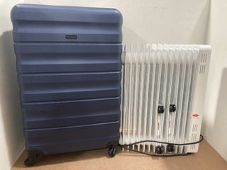 JOHN LEWIS AND PARTNERS LARGE HARDSHELL TRAVEL SUITCASE IN NAVY TO INCLUDE JOHN LEWIS AND PARTNERS OIL FILLED HEATER IN WHITE: LOCATION - C19