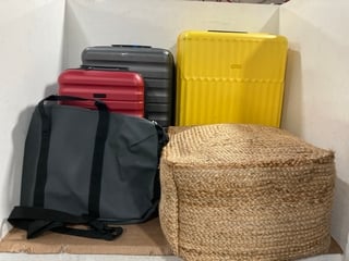 QTY OF JOHN LEWIS AND PARTNERS LUGGAGE ITEMS TO INCLUDE RAINS WEEKEND BAG IN BLACK SIZE - ( ONE SIZE ) & BELIANI MODERN KNITTED SQUARE POUFFE OTTOMAN COTTON: LOCATION - D16