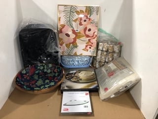 QTY OF ASSORTED JOHN LEWIS AND PARTNERS HOUSE HOLD ITEMS TO INCLUDE CORNER GLASS SHELF , FAUX SILK CHAMPAGNE EYELET CURTAINS ': LOCATION - D14