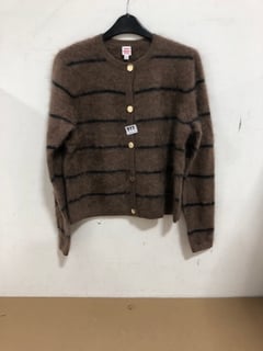 JOHN LEWIS AND PARTNERS FLUFFY CASHMERE CARDIGAN IN BROWN STRIPE SIZE: 8 - RRP - £150: LOCATION - D12