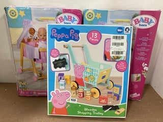 2 X BABY BORN TOY DOLLS TO INCLUDE PEPPA PIG WOODEN SHOPPING TROLLEY: LOCATION - D12