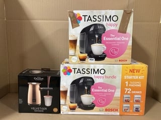 3 X ASSORTED ITEMS TO INCLUDE 2 X ASSORTED BOSCH TASSIMO ESSENTIAL COFFEE MACHINES: LOCATION - D9