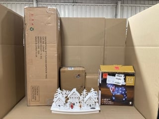 QTY OF ASSORTED ITEMS TO INCLUDE THREE KINGS INLIT ICE NATIVITY DONKEY , WOOD LIT VILLAGE DECORATION SCENE: LOCATION - D8