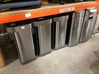 5 X ASSORTED BINS TO INCLUDE SIMPLE HUMAN 2 COMPARTMENT PEDAL BIN IN STAINLESS STEEL: LOCATION - AR8