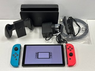 NINTENDO SWITCH OLED 64 GB GAMES CONSOLE IN NEON RED / NEON BLUE: MODEL NO HEG-001 (WITH ALL ACCESSORIES (NO BOX)) [JPTM127717]