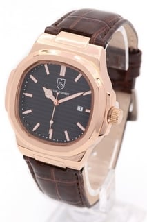 MEN'S FRANK SCHMIDT AMBASSADOR WATCH. FEATURING A BLACK TEXTURED DIAL, ROSE GOLD COLOURED BEZEL AND CASE, DATE, W/R 3ATM. BROWN LEATHER STRAP. COMES WITH A PRESENTATION CASE: LOCATION - E0