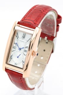 LADIES STOCKWELL WATCH. FEATURING A SILVER COLOURED TEXTURED DIAL WITH SUB DIAL MINUTE HAND. GOLD COLOURED CASE. RED LEATHER STRAP: LOCATION - E0