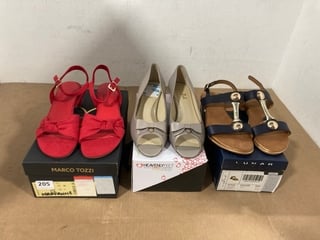 3X ASSORTED WOMENS SHOES TO INCLUDE MARCO TOZZI MARIANNE SANDALS IN RED UK SIZE 5 AND LUNAR RENOIR WOMENS SANDALS IN NAVY BLUE UK SIZE 5: LOCATION - H8