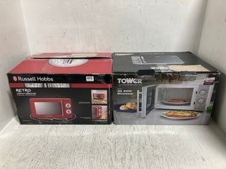 RUSSELL HOBBS RETRO COMPACT MANUAL MICROWAVE IN RIBBON RED TO ALSO INCLUDE TOWER 20L 800W MANUAL MICROWAVE IN SILVER: LOCATION - I10