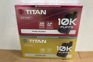 2 X BOXES OF 5 TITAN 20MG 10K PUFF VAPES TO INCLUDE PINK BURST AND LEMON ICE FLAVOURS (PLEASE NOTE: 18+YEARS ONLY. ID MAY BE REQUIRED): LOCATION - E0