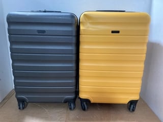 2 X JOHN LEWIS & PARTNERS SMALL HARD SHELL WHEELED COMBINATION LOCK SUITCASES IN YELLOW/GRAPHITE: LOCATION - I5