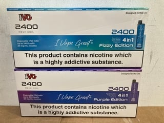 2 X BOXES OF IVG 20MG 2400 PUFF VAPES IN VARIOUS FLAVOURS TO INCLUDE PURPLE EDITION AND FIZZY EDITION (PLEASE NOTE: 18+YEARS ONLY. ID MAY BE REQUIRED): LOCATION - E0