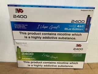 2 X BOXES OF IVG 20MG 2400 PUFF VAPES IN VARIOUS FLAVOURS TO INCLUDE BLUE EDITION AND LEMON AND LIME (PLEASE NOTE: 18+YEARS ONLY. ID MAY BE REQUIRED): LOCATION - E0