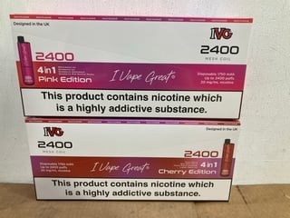 2 X BOXES OF IVG 20MG 2400 PUFF VAPES IN VARIOUS FLAVOURS TO INCLUDE PINK EDITION AND CHERRY EDITION (PLEASE NOTE: 18+YEARS ONLY. ID MAY BE REQUIRED): LOCATION - E0