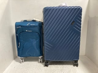 ROCK SANTIAGO 74CM HARD SHELL WHEELED SUITCASE IN NAVY TO ALSO INCLUDE IT LUGGAGE CABIN SIZE FABRIC WHEELED SUITCASE IN BLUE: LOCATION - J4