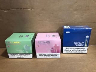 3X ASSORTED DISPOSABLE VAPES TO INCLUDE SIKE CRYSTAL BLUE RAZZ LEMONADE AND LOST MARY STRAWBERRY ICE (PLEASE NOTE: 18+YEARS ONLY. ID MAY BE REQUIRED): LOCATION - E0