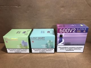 3X ASSORTED DISPOSABLE VAPES TO INCLUDE LOST MARY MENTHOL AND ELFBAR 600V2 BLUEBERRY (PLEASE NOTE: 18+YEARS ONLY. ID MAY BE REQUIRED): LOCATION - E0