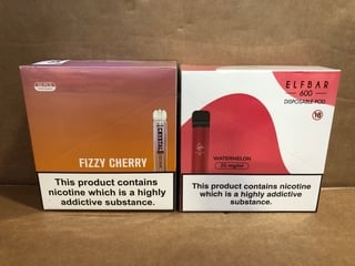 BOX OF ELFBAR WATERMELON DISPOSABLE VAPE TO ALSO INCLUDE BOX OF SIKE CRYSTAL FIZZY CHERRY DISPOSABLE VAPE (PLEASE NOTE: 18+YEARS ONLY. ID MAY BE REQUIRED): LOCATION - E0