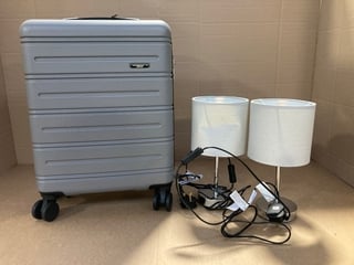 SMALL ROCK GREY SUITCASE TO ALSO INCLUDE 2X SMALL TABLE LAMPS: LOCATION - E2