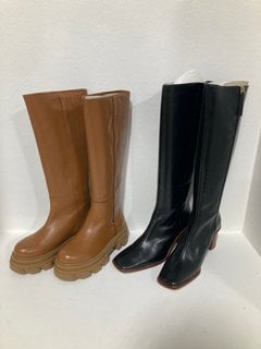 ALOHAS KATIUSKA LEATHER KNEE HIGH BOOTS IN CAMEL - SIZE UK 4 - RRP £148 TO INCLUDE ALOHAS EAST BLACK LEATHER BOOTS - SIZE UK 7 - RRP £310: LOCATION - BR1