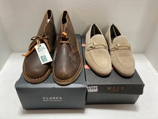 CLARKS ORIGINAL DESERT BOOTS IN BEESWAX - SIZE UK 10 TO INCLUDE WALK LONDON TERRY TRIM LOAFERS IN OATMEAL - SIZE UK 7: LOCATION - BR6