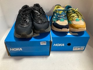 2 X HOKA TRAINERS TO INCLUDE HOKA CLIFTON SUEDE TRAINERS IN MULTI - SIZE UK 9 - RRP £149: LOCATION - CR6