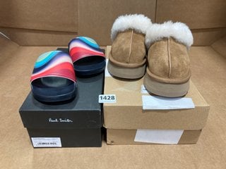 UGG DISQUETTE WOMEN'S SLIPPERS IN CHESTNUT - SIZE UK 3 TO INCLUDE PAUL SMITH SUMMIT SPRAY SWIRL SANDALS IN RAINBOW - SIZE UK 2.5: LOCATION - C4T