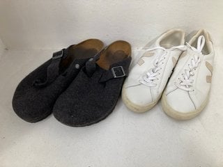 BIRKENSTOCK BOSTON WOOL MULES IN BLACK - SIZE UK 11.5 TO INCLUDE VEJA ESPLAR LEATHER TRAINERS IN WHITE/SABLE - SIZE UK 8: LOCATION - C4T