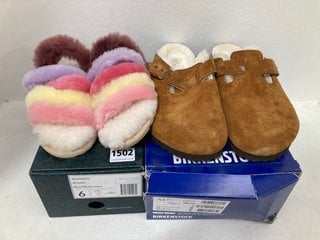 2 X ASSORTED FOOTWEAR TO INCLUDE EMU AUSTRALIA MANNIKIN FLUFFY SLIPPERS IN MULTI - UK 4: LOCATION - C4T