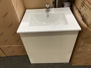 (COLLECTION ONLY) WALL HUNG 2 DRAWER SINK UNIT IN BEIGE WITH A 515 X 410MM 1TH CERAMIC BASIN COMPLETE WITH A MONO BASIN MIXER TAP & CHROME SPRUNG WASTE - RRP £725: LOCATION - A6