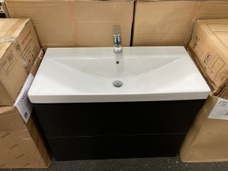 (COLLECTION ONLY) WALL HUNG 2 DRAWER SINK UNIT IN BLACK WITH A 820 X 400MM 1TH CERAMIC BASIN COMPLETE WITH A MONO BASIN MIXER TAP & CHROME SPRUNG WASTE - RRP £860: LOCATION - A6