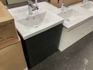 (COLLECTION ONLY) WALL HUNG 2 DRAWER SINK UNIT IN BLACK WITH A 515 X 410MM 1TH CERAMIC BASIN COMPLETE WITH A MONO BASIN MIXER TAP & CHROME SPRUNG WASTE - RRP £735: LOCATION - A6