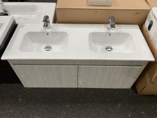 (COLLECTION ONLY) WALL HUNG 2 DRAWER TWIN SINK UNIT IN WHITE OAK WITH A 1210 X 470MM TWIN CERAMIC BASIN TOP WITH A PAIR OF MONO BASIN MIXER TAPS & CHROME SPRUNG WASTES - RRP £1420: LOCATION - A6