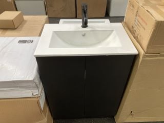 (COLLECTION ONLY) FLOOR STANDING 2 DOOR SINK UNIT IN BLACK WITH A 610 X 400MM 1TH CERAMIC BASIN COMPLETE WITH A BLACK MONO BASIN MIXER TAP & SPRUNG WASTE - RRP £730: LOCATION - A7