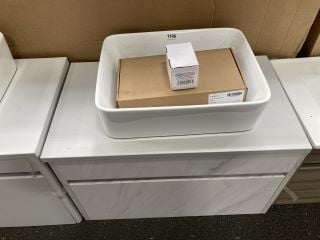 (COLLECTION ONLY) WALL HUNG 1 DRAWER COUNTERTOP SINK UNIT IN WHITE MARBLE & WHITE 770 X 440MM WITH A CERAMIC VESSEL BASIN COMPLETE WITH A HIGH MONO BASIN MIXER TAP & CHROME SPRUNG WASTE - RRP £799: L