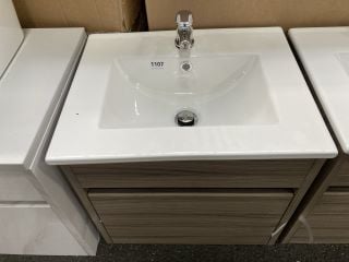 (COLLECTION ONLY) WALL HUNG 1 DRAWER SINK UNIT IN DRIFTWOOD WITH A 515 X 410MM 1TH CERAMIC BASIN COMPLETE WITH A MONO BASIN MIXER TAP & CHROME SPRUNG WASTE - RRP £699: LOCATION - A7