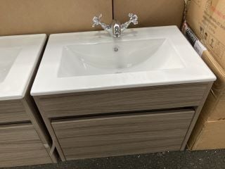 (COLLECTION ONLY) WALL HUNG 1 DRAWER SINK UNIT IN DRIFTWOOD WITH A 610 X 400MM 1TH CERAMIC BASIN COMPLETE WITH A TRADITIONAL CROSSHEAD MONO BASIN MIXER TAP & CHROME SPRUNG WASTE - RRP £715: LOCATION