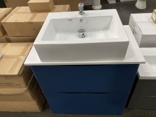 (COLLECTION ONLY) FLOOR STANDING 2 DRAWER COUNTERTOP SINK UNIT IN BLUE & WHITE 800 X 460MM WITH A 1TH CERAMIC BASIN COMPLETE WITH A MONO BASIN MIXER TAP & CHROME SPRUNG WASTE - RRP £805: LOCATION - A