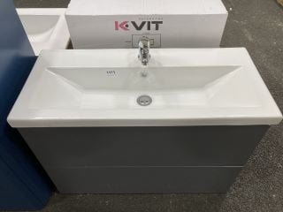 (COLLECTION ONLY) WALL HUNG 2 DRAWER SINK UNIT IN GLOSS GREY WITH A 820 X 365MM 1TH CERAMIC BASIN COMPLETE WITH A MONO BASIN MIXER TAP & CHROME SPRUNG WASTE - RRP £790: LOCATION - A7