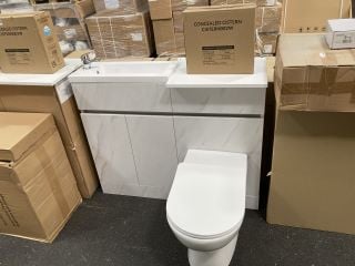 (COLLECTION ONLY) 1100 X 270MM LH 2 DOOR COMBINATION UNIT IN WHITE MARBLE WITH BTW PAN WITH SEAT & CONCEALED CISTERN FITTING KIT WITH WHITE COUNTERTOP & 605 X 260MM STH POLYMARBLE BASIN COMPLETE WITH